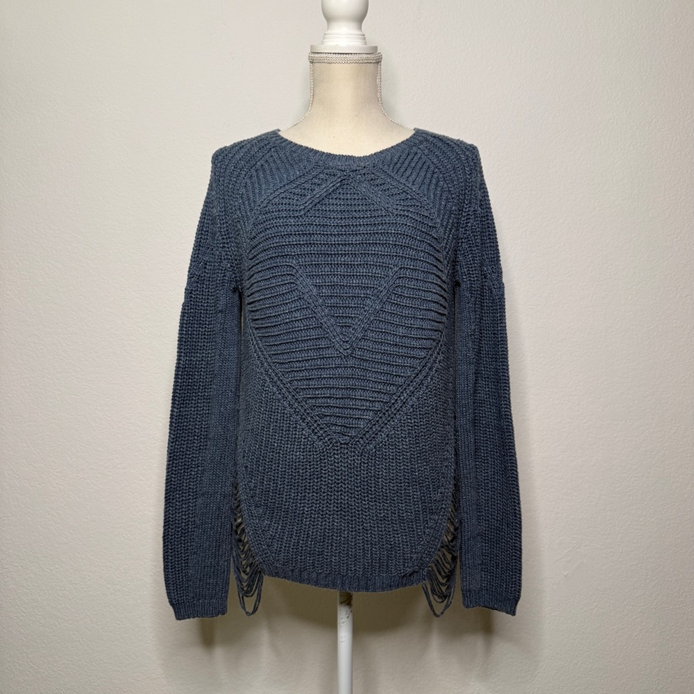 Maje Distressed Blue Cotton Blend Knit Sweater Textured Fringe Hem Size M